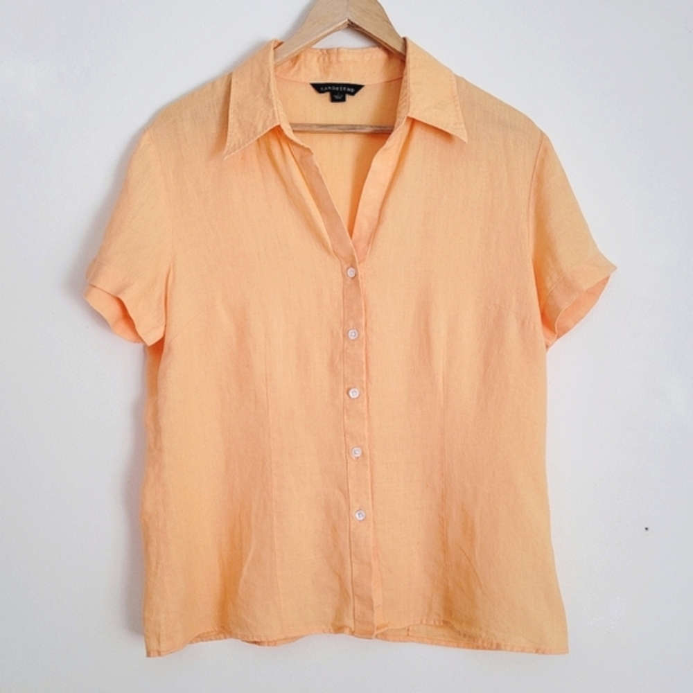 Linen Tangerine Short Sleeve Button Up Shirt Blouse - S